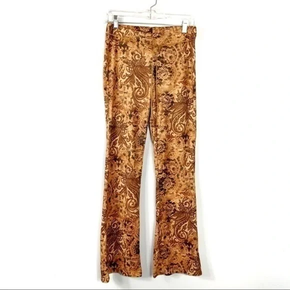 Sense Vintage Brown Paisley Faux Suede Boho Retro Y2K Mid Rise Flare Pants M - Picture 3 of 6